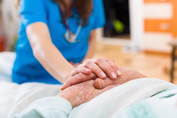 nurse in blue scrub holding the hands as a support to an elder person in bed